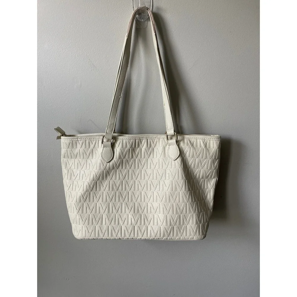 Mia K Milan tote bag Off White Monogram emblem gold Tone chic minimalist soft